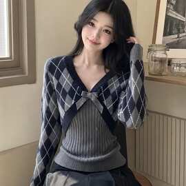 学院风菱格纹两件套针织衫女新款百搭显瘦背心开衫上衣套装