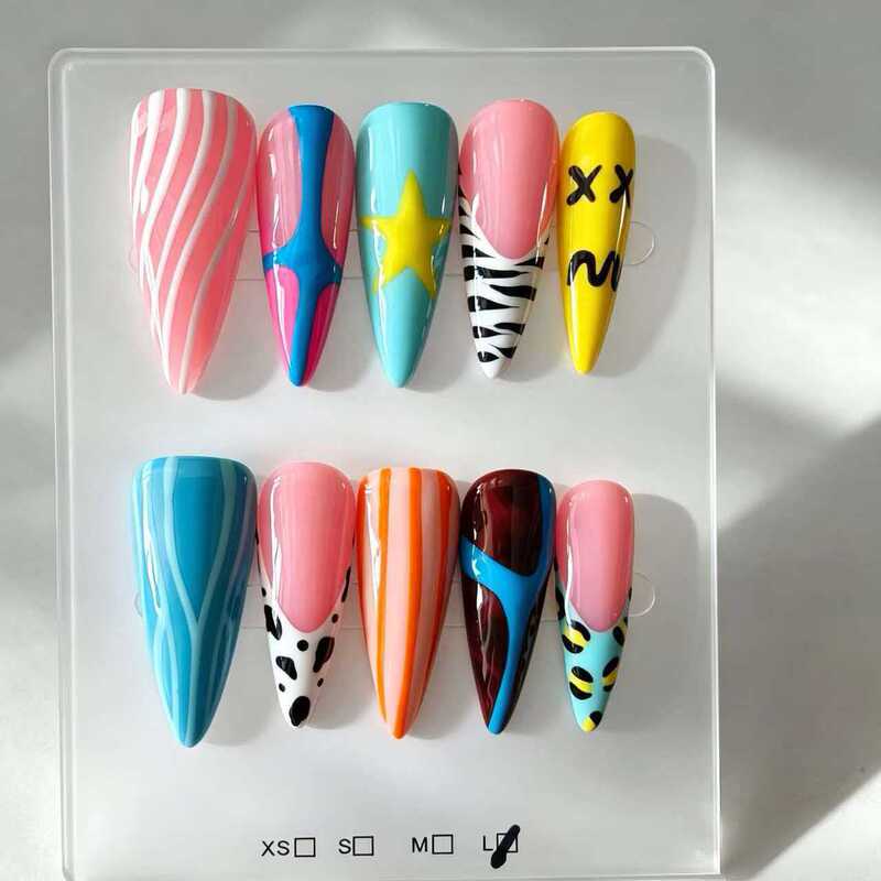 Handmade Press-On Nails Y2K Millennium Style Color-Block Graffiti Pointed Nails Star Zebra Leopard Print Striped Hand-Painted Finished Nails Handmade Press-On Nails Y2K Millennium Style Color-Block Graffiti Pointed Nails Star Zebra Leopard Print Striped Hand-Painted Finished Nails