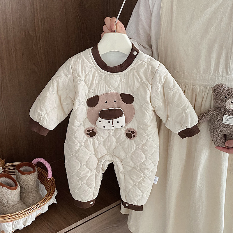 婴儿秋冬夹棉连体衣男宝宝初冬新款卡通加厚保暖哈衣新生儿外出服
