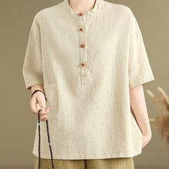 大码亚麻复古纽扣口袋短袖t恤女夏季2025新款宽松显瘦时尚上衣女