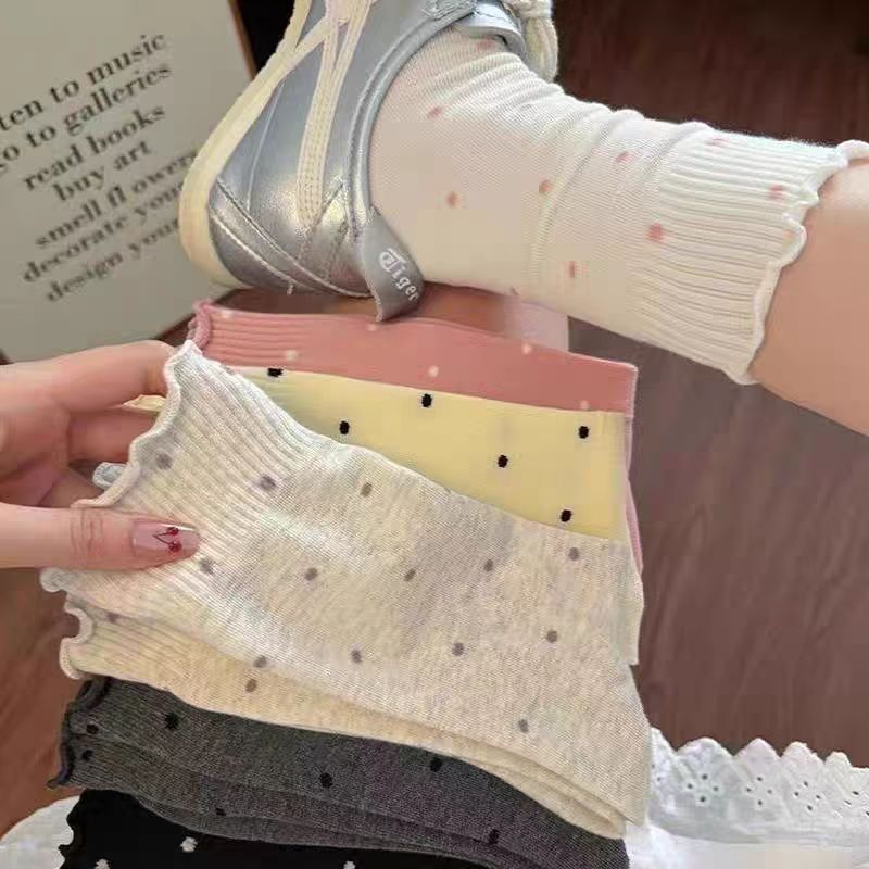灰色袜子女春秋花边波点中筒袜配德训鞋长袜休闲秋天木耳边堆堆袜|undefined