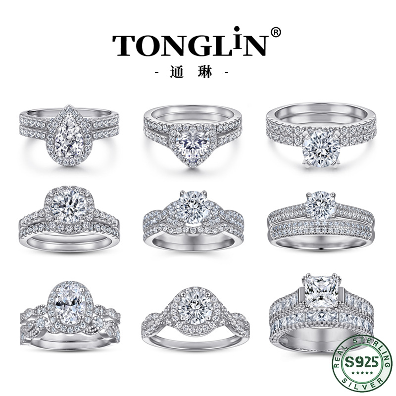 Tonglin europeo y americano nuevo anillo de Plata de Ley 925 anillo de combinación de las mujeres anillo de compromiso de boda anillo de circón al por mayor image 1