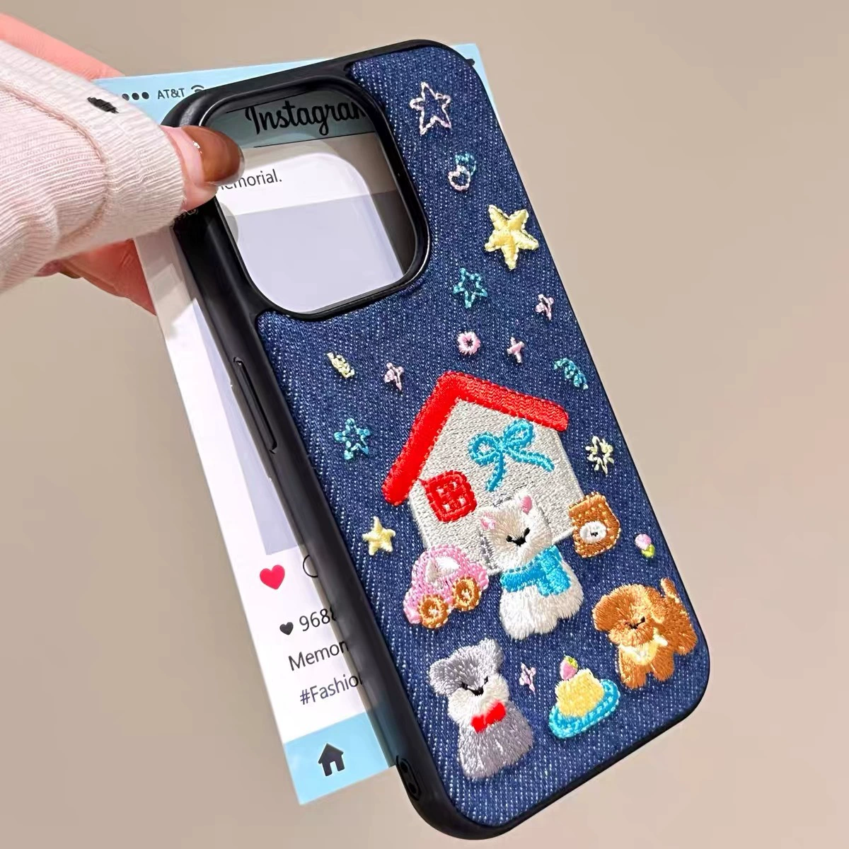 Корейский осенне-зимний джинсовый чехол с вышивкой, подходит для 16 Pro Max/15 Pro/13, забавный домик для собачки, милые стили