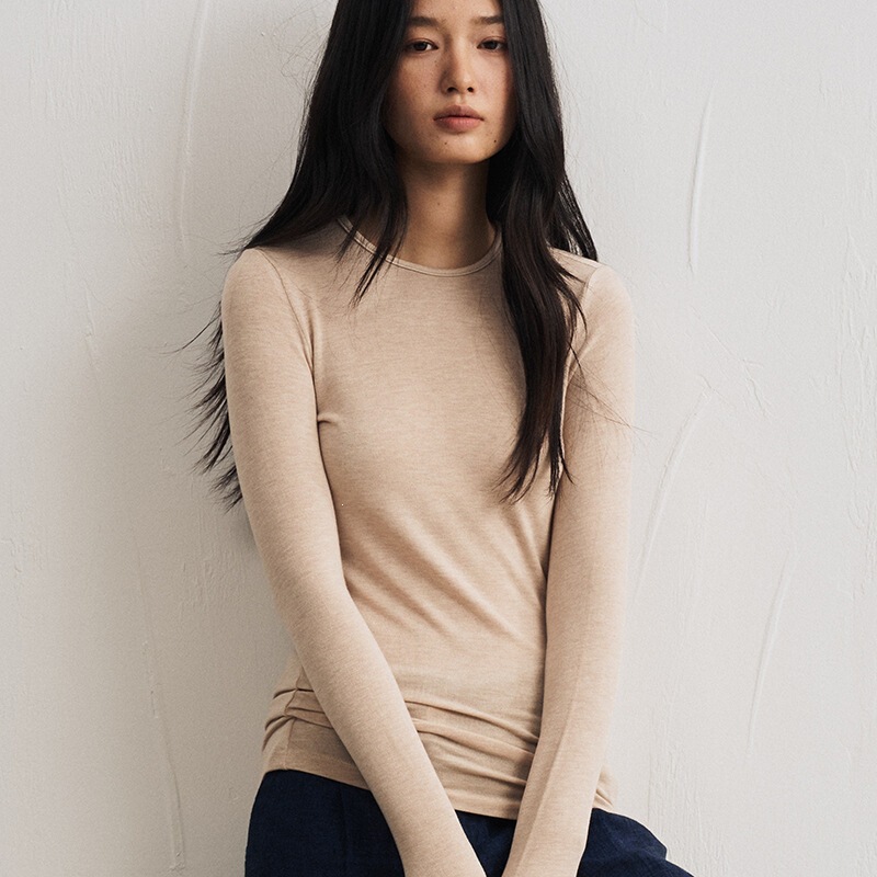 Tencel Modal Cashmere Base Layer Top for Women, Slim Fit, Solid Color, Skin-Friendly T-Shirt, High-End, Light Luxury Knit Top for Autumn and Winter