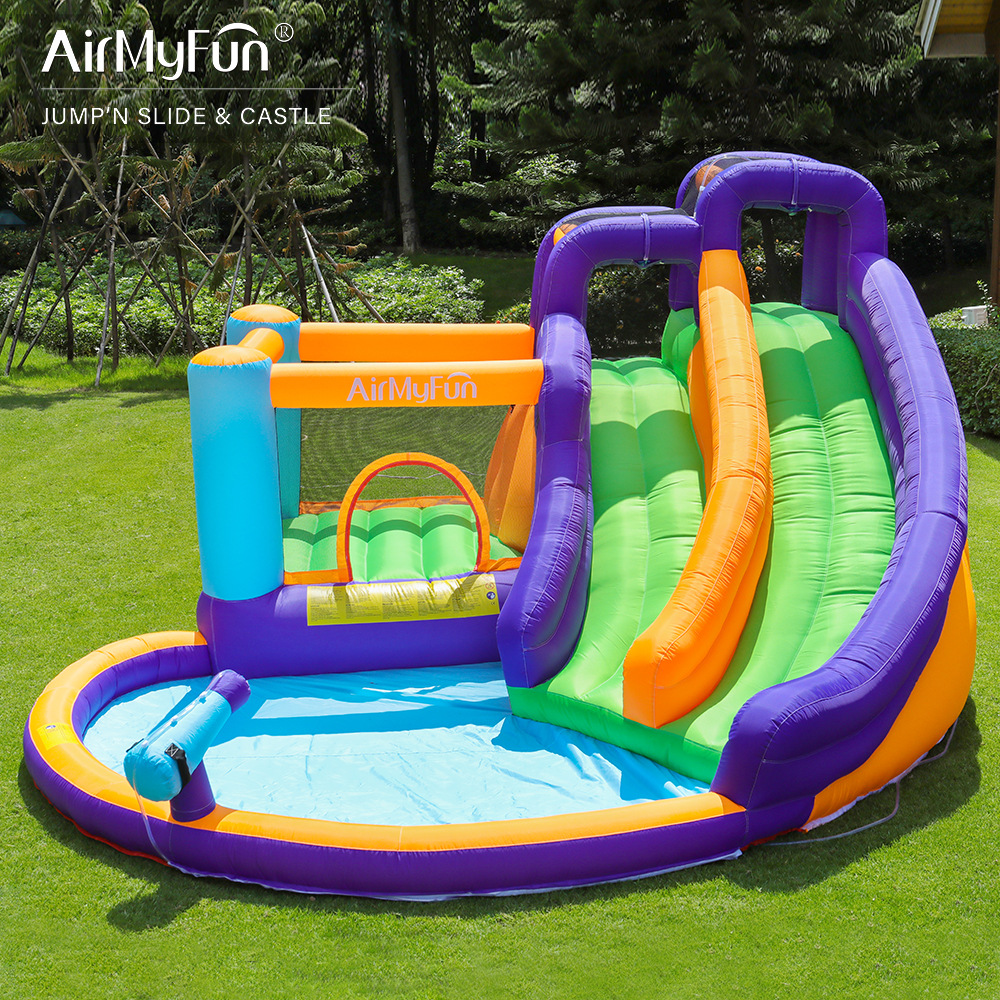 AMF | Hogar agua aerosol Castillo los niños tobogán inflable rociador de agua diapositiva inflable trampolín hogar pequeño