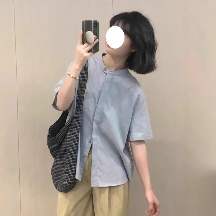 Japanese retro solid summer thin shirt with a round collar for…