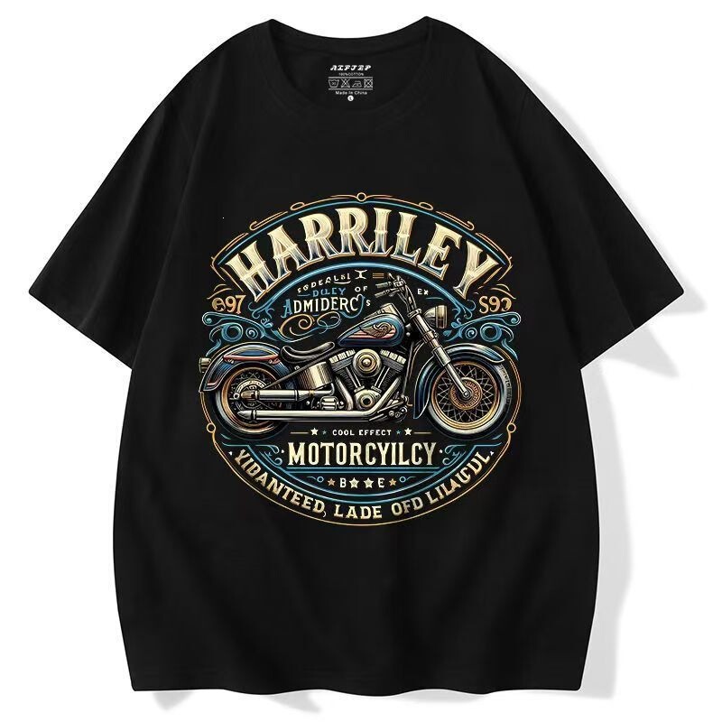 European and American Trendy Retro Street Fashion Brand Motorcycle Oversized Short-Sleeve Tough Guy Harley Motorcycle Cotton Printed T-Shirt Trendy