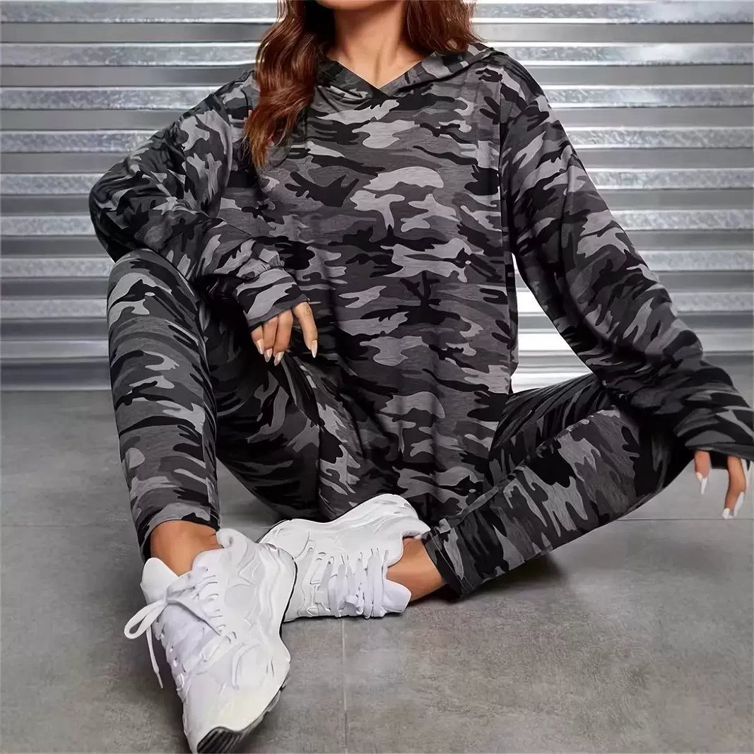 欧美跨境女装亚马逊时尚休闲套装连帽卫衣紧身裤迷彩运动衫两件套