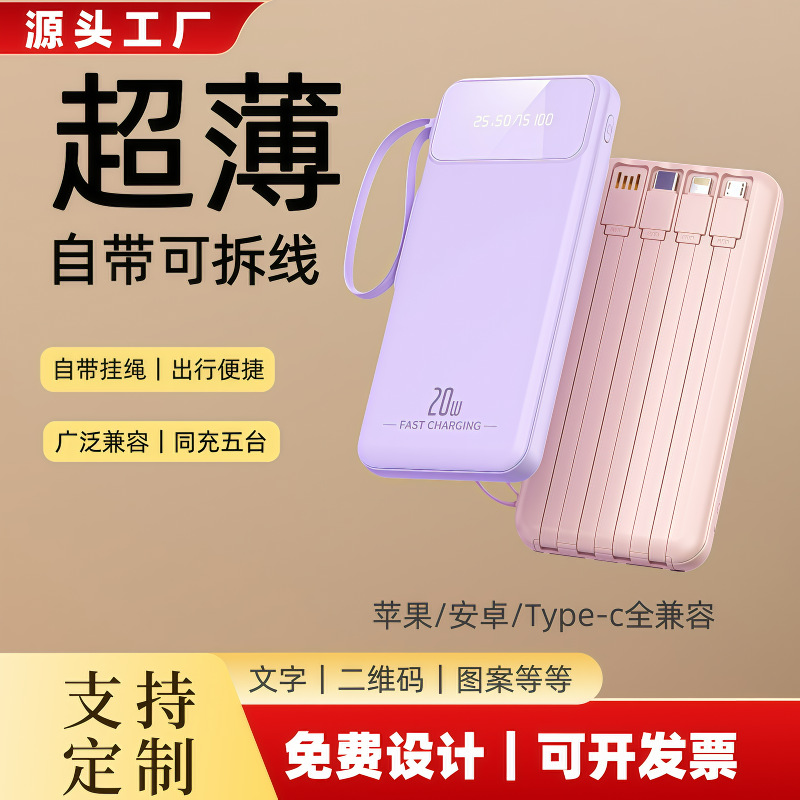 Ultra-Thin Power Bank with Detachable Cable, 20000Mah Fast Charging, Qc2.0, Multiple USB Ports, Compatible with Apple, Android, and Type-C