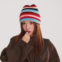 个性彩虹条纹亲子款针织帽冬季男女童百搭洋气毛线帽套头保暖冷帽