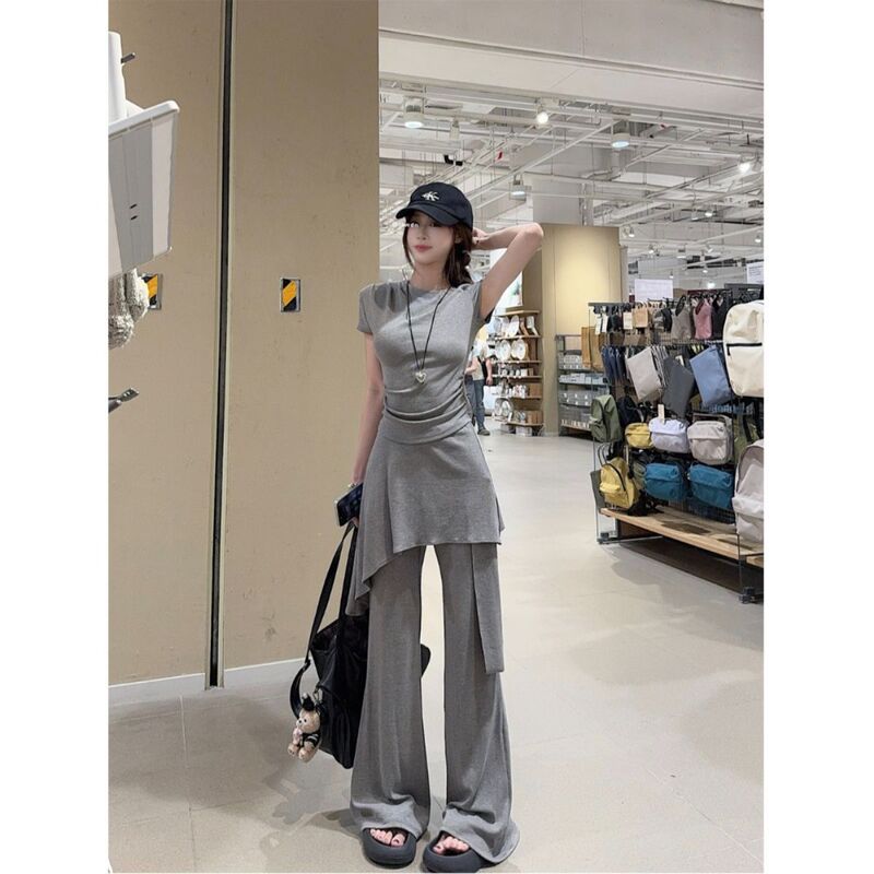 Hot Girl Slim-Fit Short-Sleeve T-Shirt Women's Summer Set with Irregular Flared Pants Casual Fashion Two-Piece Set