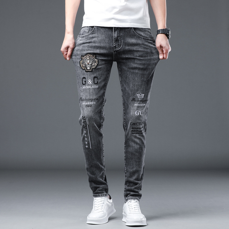 European Station Summer New Men's Printed Jeans Men's Trendy Brand Stretch Slim Fit Skinny Pants Trendy Casual Pants
