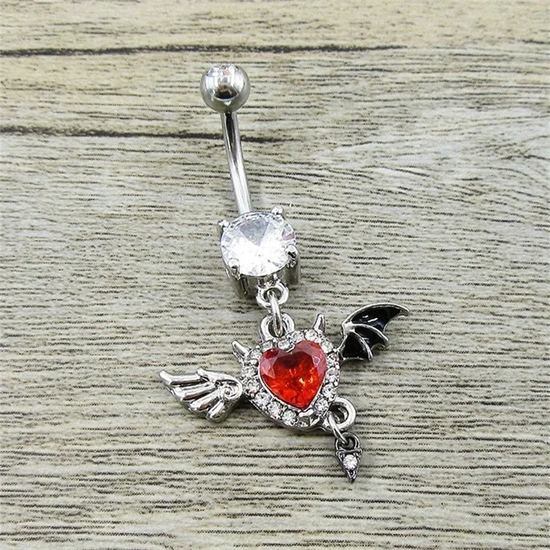 Titanium Steel Belly Button Ring With Bat Devil And Red Zirconia_voghion.com