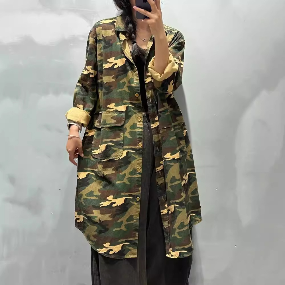 迷彩中长款衬衫女春秋季2024新款大码复古时尚中长款衬衫女装