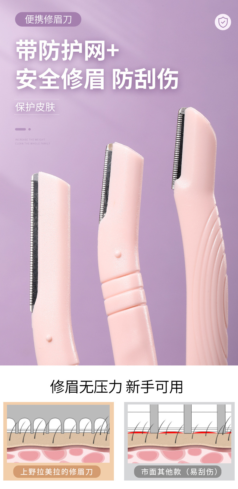 LMLTOP Macro protective net eyebrow Knife Three-piece set stainless steel large, medium and small head Eyebrow scraper SY346 Specification drawing