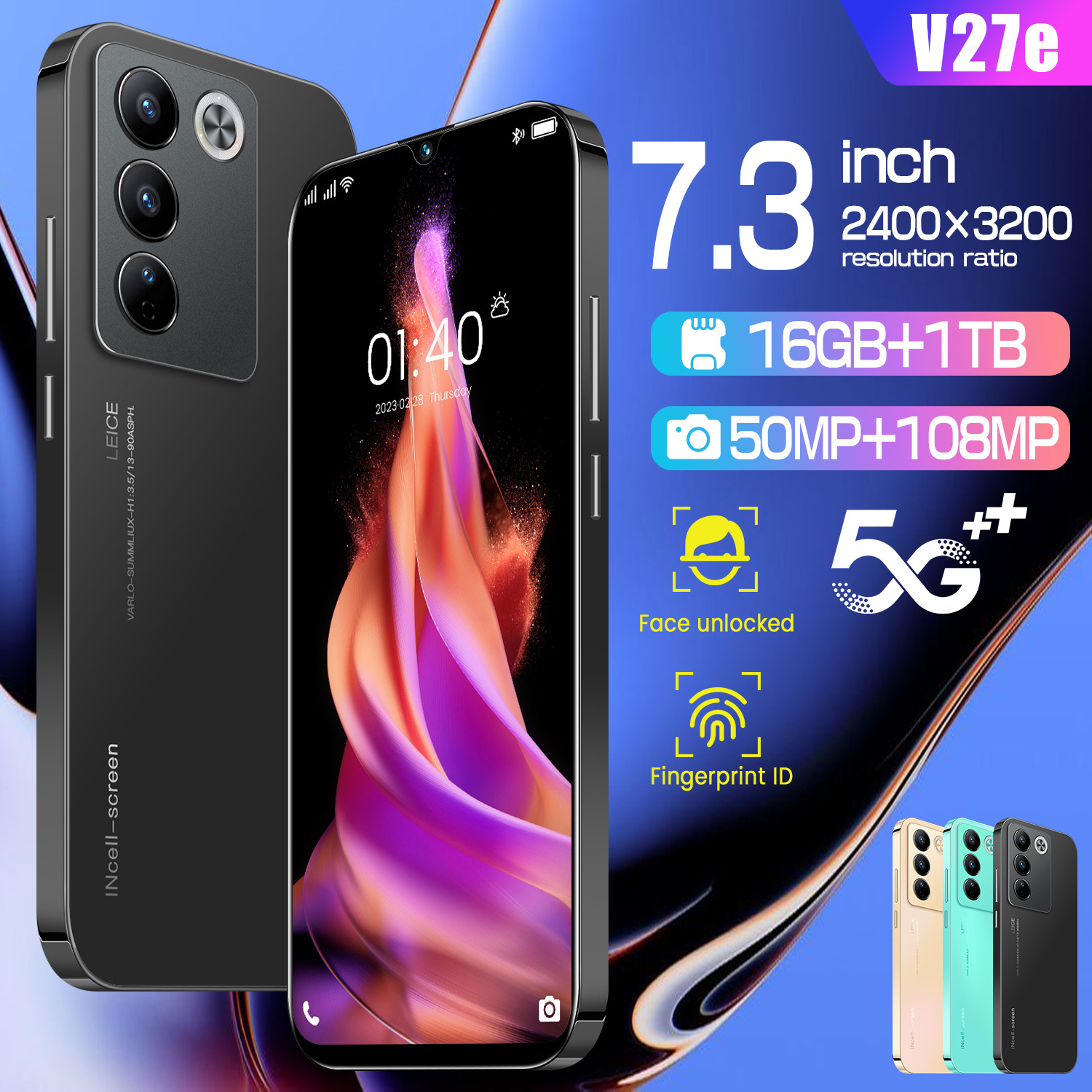 Smartphone (OZOM) V27E Android, Multi-region Memory Options, Colors Black/Emerald/Gold