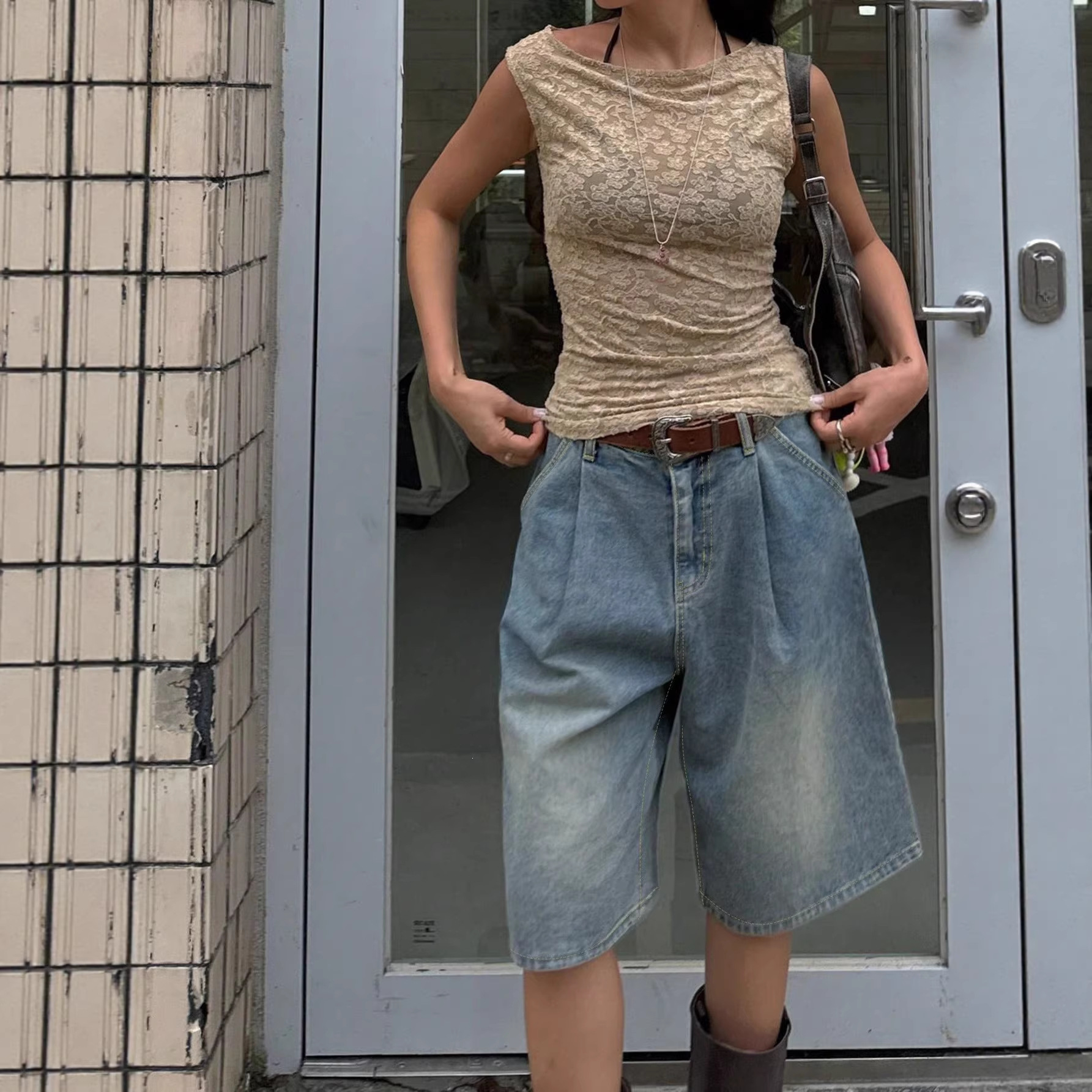Cross-Border Foreign Trade Amazon European and American Source Factory Wholesale Pleated Loose Wide-Leg Women's Denim Shorts with a High-End Feel