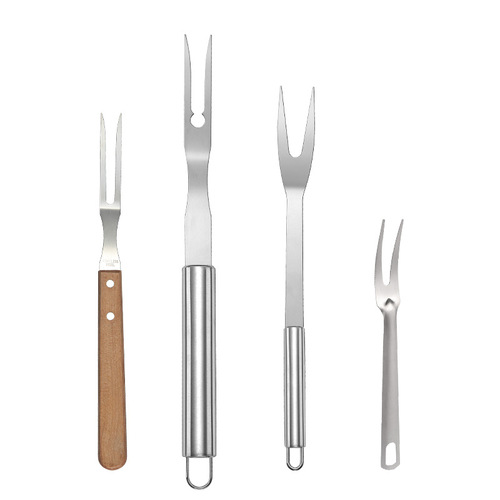 Stainless steel barbecue meat fork wooden handle barbecue utensils split meat fork steak fork corn roast chicken duck fish outdoor grill