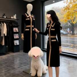 韩国撞色条纹感针织毛衣连衣裙女春法式穿搭气质打底过膝长裙
