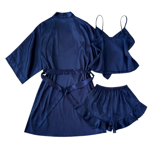 Mid-East robe tie belt kimono-style loose casual bath robe spring and autumn season ice silk thin version sexy nightgown pajama set