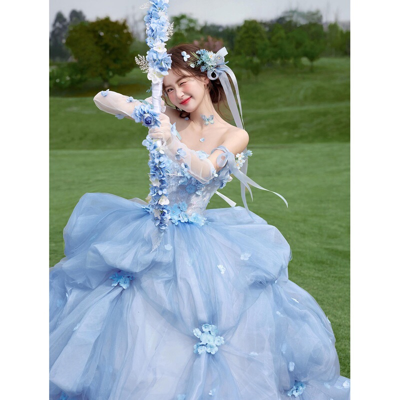 Blue Dreamy Wedding Studio Photo Shoot Theme Clothing Outdoor Photography Strapless Dress Outdoor Travel Photography Colorful Veil
