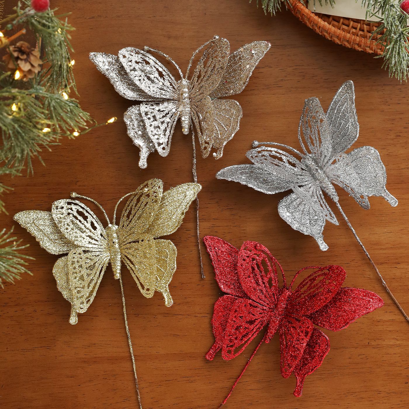 Nuevos productos de mariposa polvo de oro polvo de alta calidad árbol de Navidad flor de decoración colgante decoración accesorios