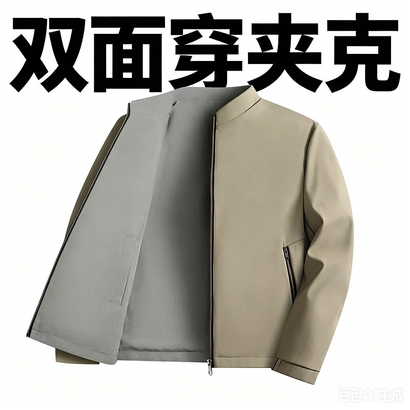 Spring and Autumn Style Middle-Aged and Elderly Men's Stand Collar Reversible Jacket, Two Ways to Wear, Business Casual Lightweight Jacket for Dads, In Stock