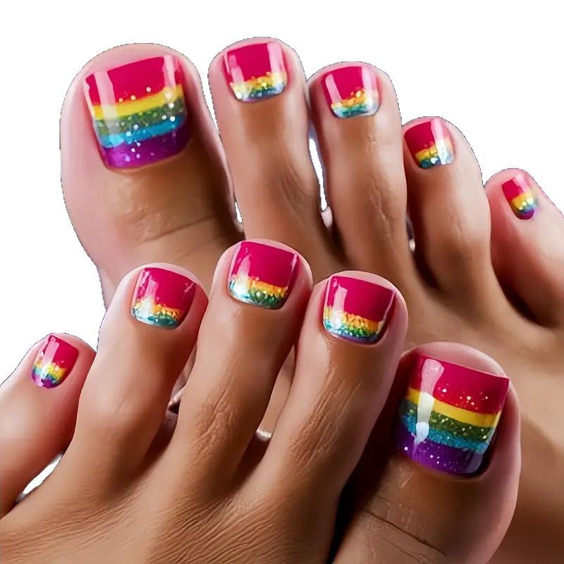 Uñas postizas de uñas de color de verano uñas de pies a rayas parche de uñas de uñas de estilo ins