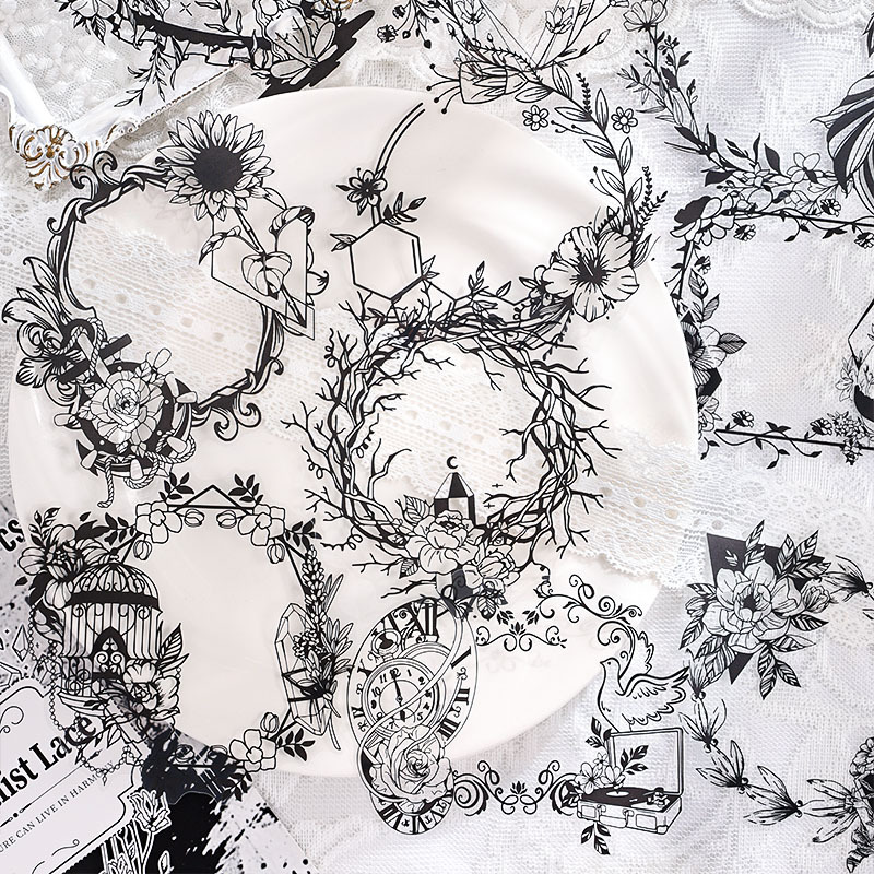 Flor Sueño Salmos transparente pegatinas impermeables para mascotas bolsas diy diario de mano material de decoración en blanco y negro elementos pegatinas de marco