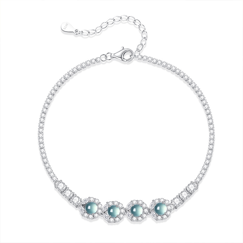 Pulsera de jade S925 plata con diamantes completos, exquisito lujo ligero, joyería de mano de agua azul natural para mujer, moda OL todos los días, mujer salvaje