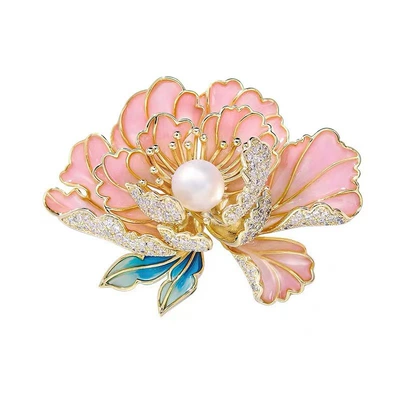 Classical Cloisonné Flower Brooch in Pink, High-End Women's Natural Freshwater Pearl Elegant Suit Pin, Luxurious and Grand (Yaxa sancaqları) - pink
