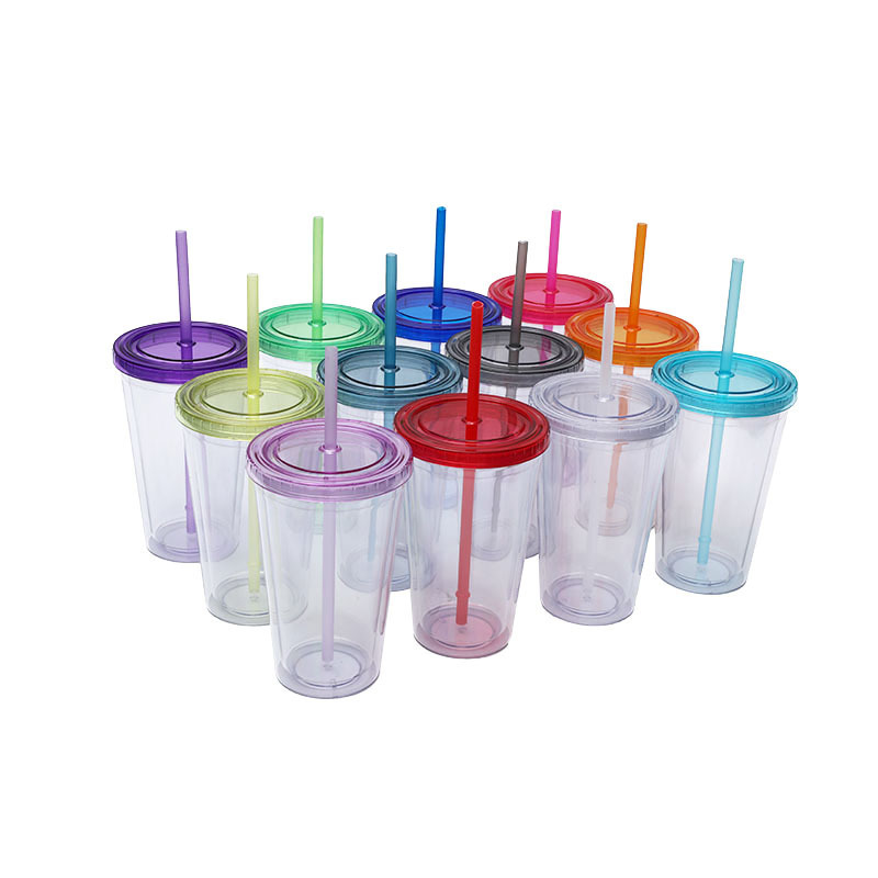 国境を越えたメーカーは二重のプラスチックストローカップを提供しています。蓋付き16オンスは色を決めてロゴカップを作ることができます|undefined