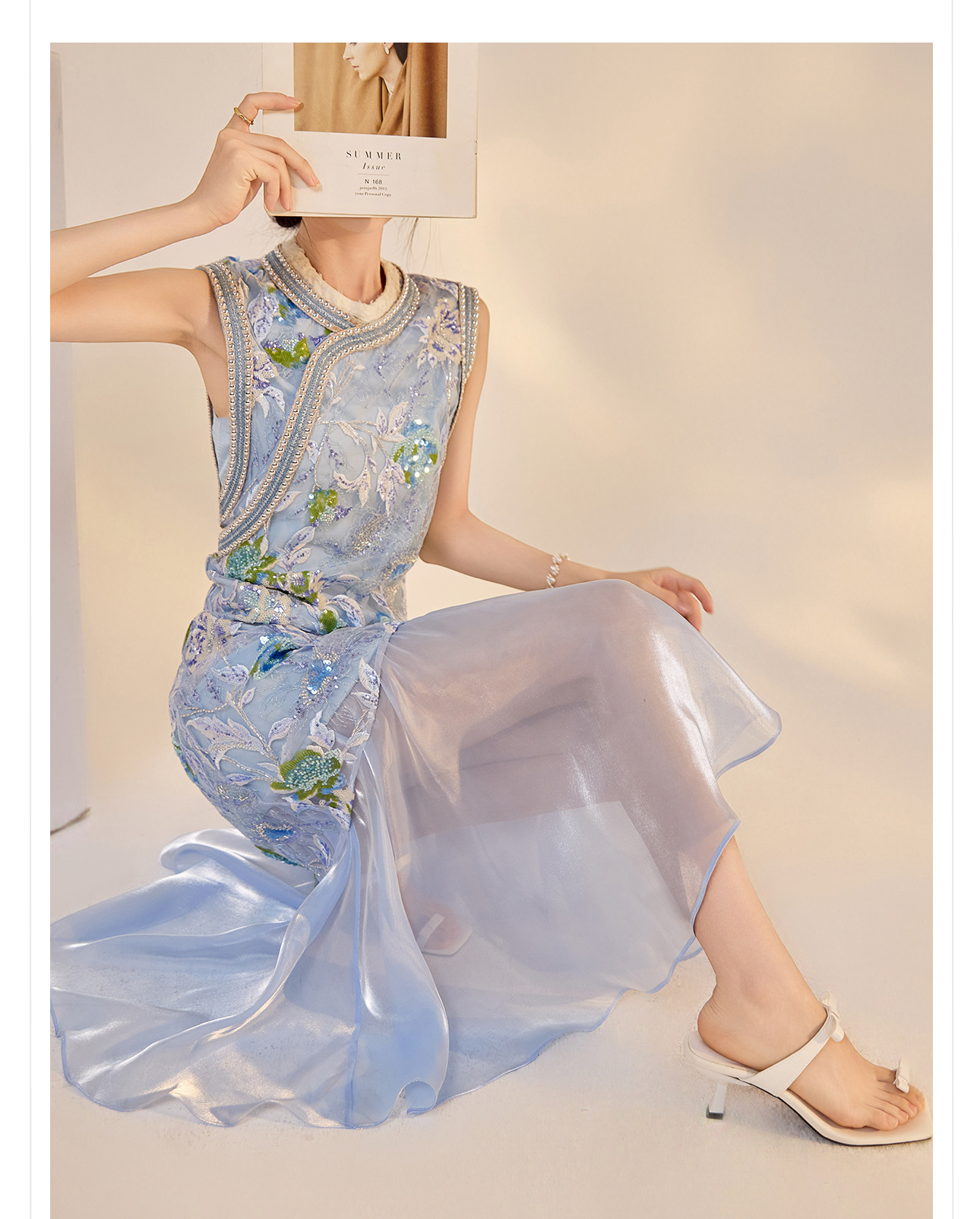 Váy sườn xám maxi thêu sequin phong cách Trung Quốc mới mùa hè N5042 — hồng, Xanh lam sông băng chi tiết 6