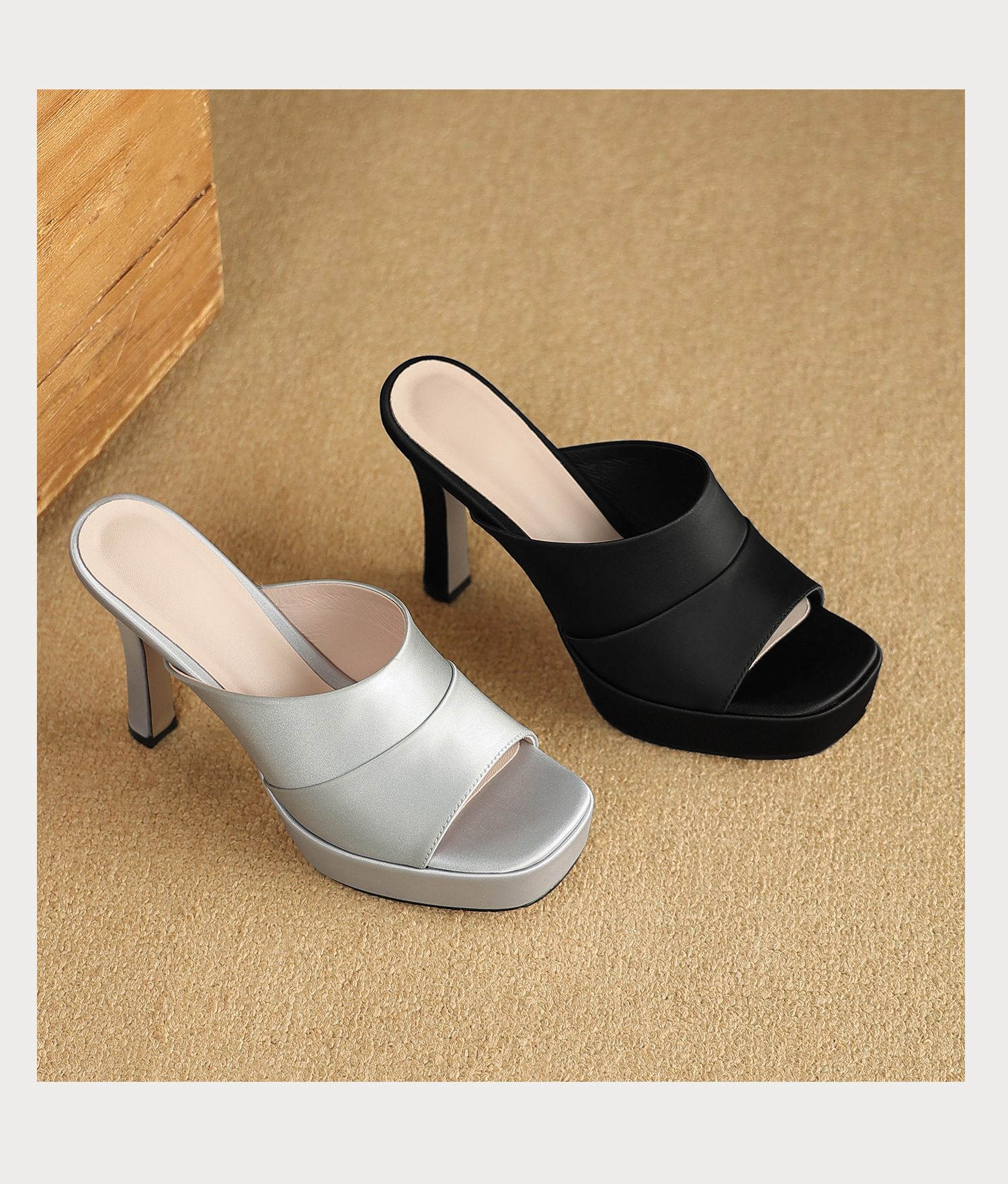 Sandal cao gót nữ quai ngang hở mũi đế platform gót nhọn 9 cm — màu đen, bạc chi tiết 19