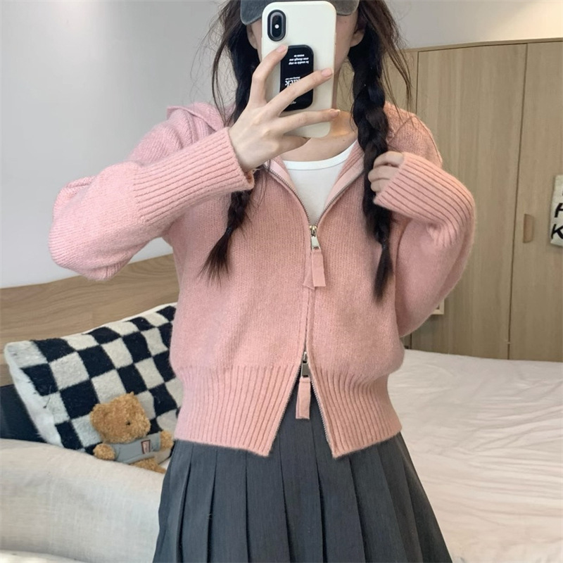 短款连帽双拉链针织衫女潮秋冬新款收腰显瘦洋气小个子毛衣女外套|undefined