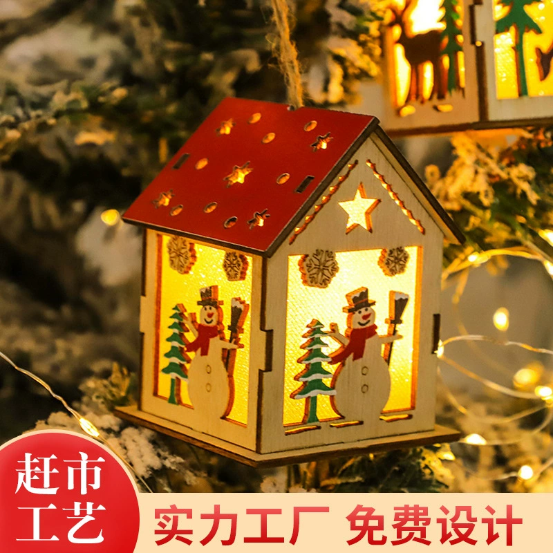 Рождественский деревянный светильник в форме домика, вырезанный дизайн, светящаяся хижина, снеговик, украшение для елки, деревянный подвесной светильник