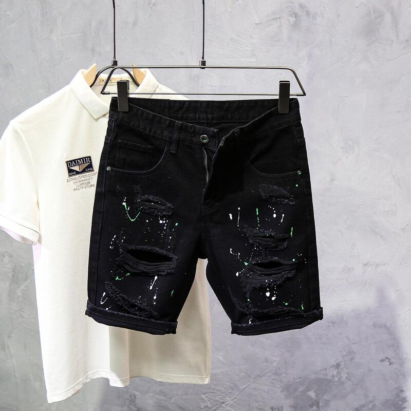 Black Denim Shorts Men's Summer Thin Cat's Whiskers Ripped Personalized Splash Ink Slim-Fit Small Foot New Duffian Shuai Chao Pants Black Denim Shorts Men's Summer Thin Cat's Whiskers Ripped Personalized Splash Ink Slim-Fit Small Foot New Duffian Shuai Chao Pants