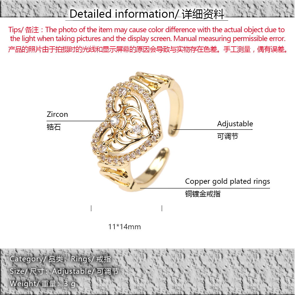 Fashion Inlaid Zircon Heart Ring Copper Plated Open Joint Ring Wholesale display picture 1