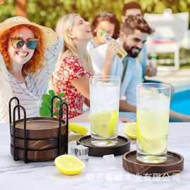 跨境木质水杯垫带收纳架桌面碗碟隔热垫二合一啤酒开瓶器咖啡杯垫