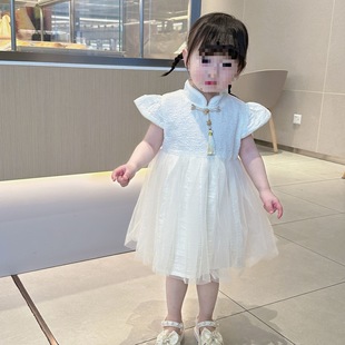 Girls' Cheongsam Dress Summer New Chinese Princess Dress First Birthday Baby Dress Short-Sleeved Gauze Dress Han Dynasty