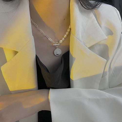 French celi heavy industry baroque freshwater pearl necklace S925 pure silver portrait coin queen lockchain