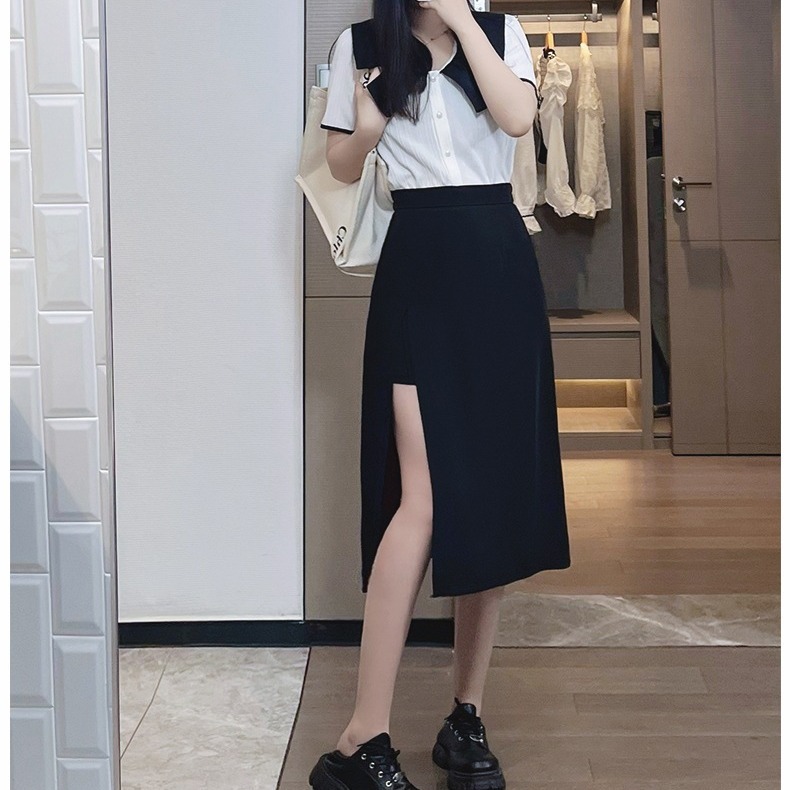 Irregular slimming temperament midi skirt 2023 new summer black high waist skirt plus size A- line skirt