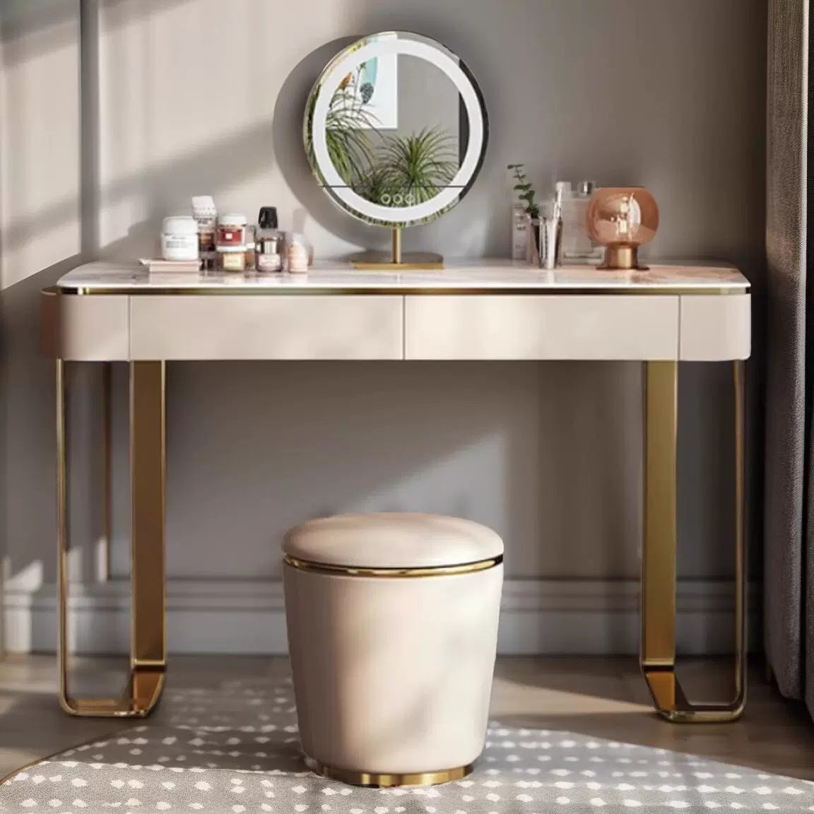 意式轻奢风岩板梳妆台现代简约实木小户型一体化妆桌卧室2025新款