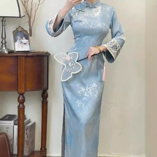 8653# Autumn Daily New Chinese Cheongsam Embroidered Slim Fit Inverted Large Sleeve Improved Cheongsam Skirt