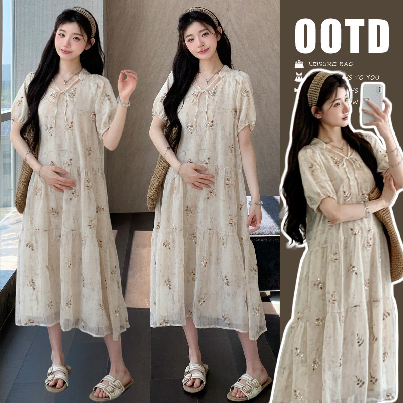 Maternity Wear 2026 Summer New Korean Style Fashion Loose-Fitting Heavy Sequined Elegant Mid-Length Maternity Dress Maternity Wear 2026 Summer New Korean Style Fashion Loose-Fitting Heavy Sequined Elegant Mid-Length Maternity Dress