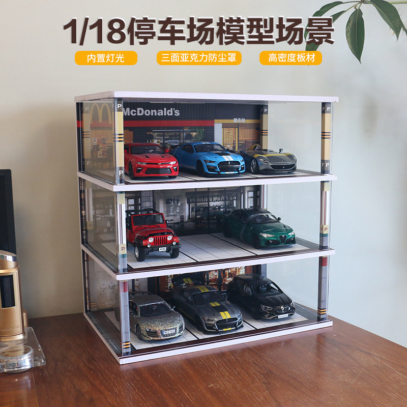 1:18 Scale Realistic Parking Lot with Lighted Garage Scene Model, Solid Wood Car Model Display Stand, Large Capacity Car Storage Box