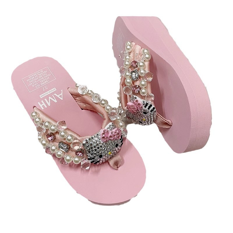 Trendige, niedliche Katzen-Plateau-Flip-Flops für Damen, modische Strass-, Edelstein- und Perlenverzierungen, exklusive Strandsandalen (unabhängige Website)._voghion.com