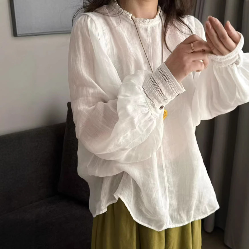 Ramie Lantern Sleeve Shirt for Women, Loose and Versatile Style, Lace Mid-Length Top, Fashionable and High-End Feel, Half-Collar Ramie Lantern Sleeve Shirt for Women, Loose and Versatile Style, Lace Mid-Length Top, Fashionable and High-End Feel, Half-Collar