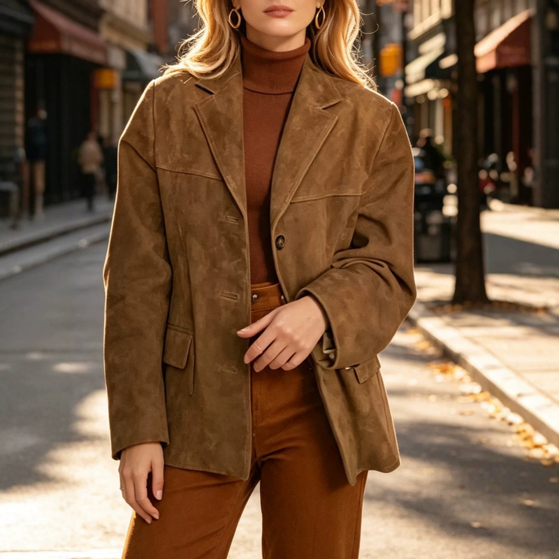2026 Fall/Winter New Amazon European and American Cross-Border Vintage Brown Loose-Fit Long-Sleeve Blazer with Pockets 2026 Fall/Winter New Amazon European and American Cross-Border Vintage Brown Loose-Fit Long-Sleeve Blazer with Pockets