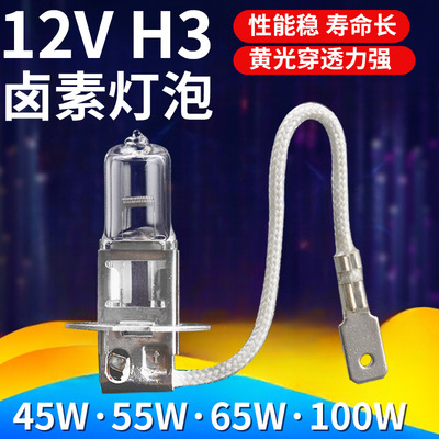 H3卤素灯泡外接12V电池可亮100W汽车前杆灯雾天超亮照明黄光灯泡|ms